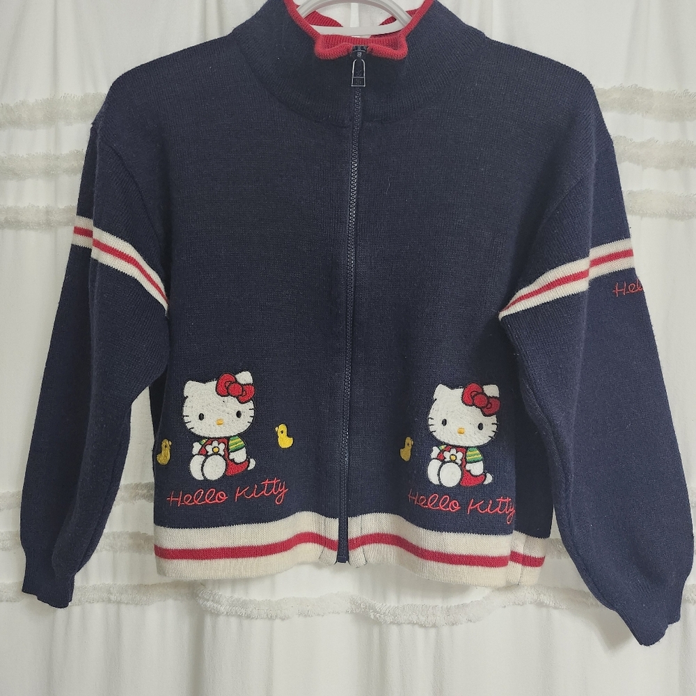 Vintage Hello Kitty Navy Blue Zip-Up Sweater, with Embroidery.